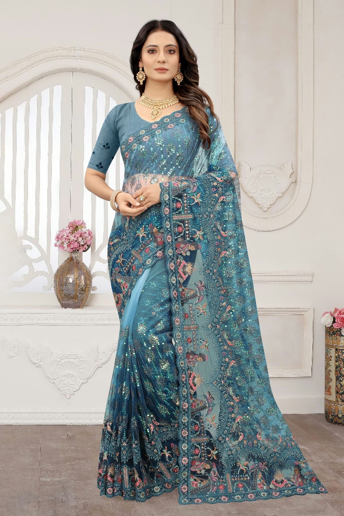 Teal Colour Net Designer Saree LC1121364