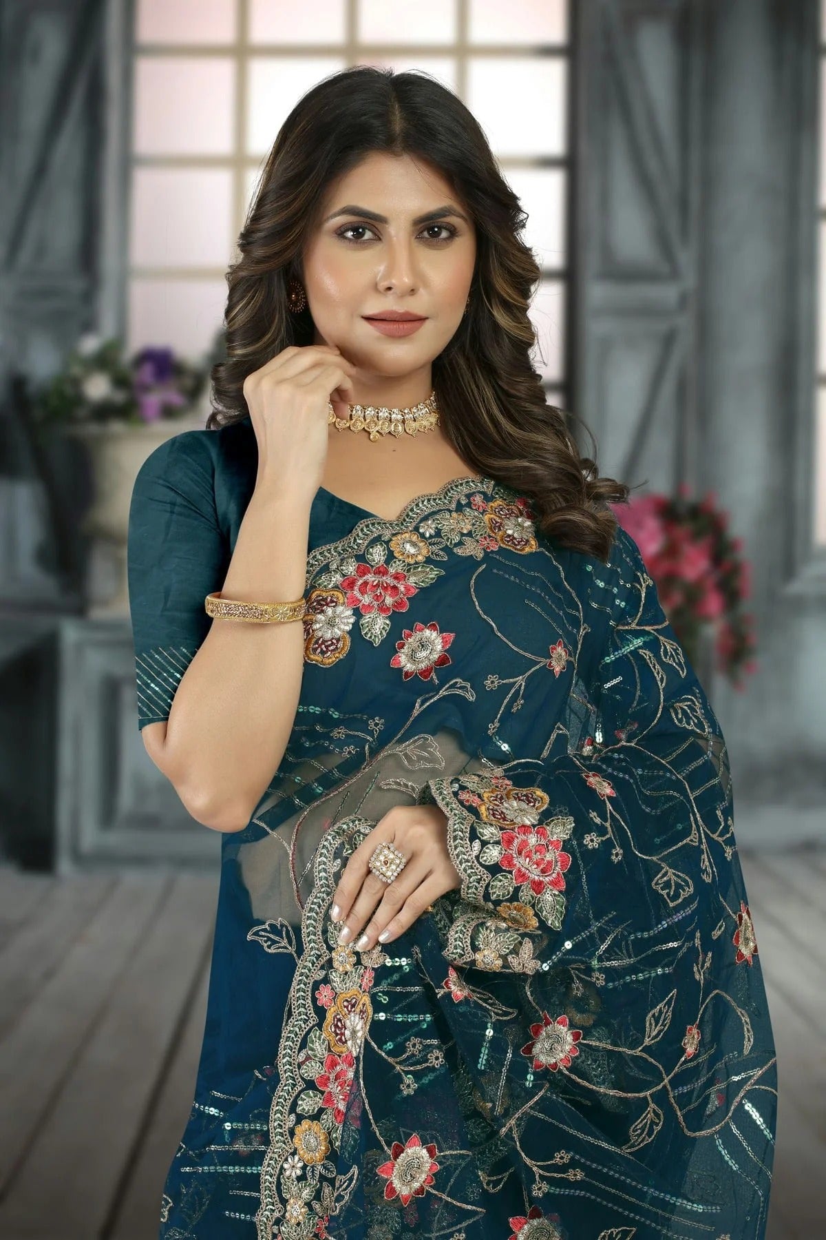 Teal Colour Net Designer Saree LC1121409 A