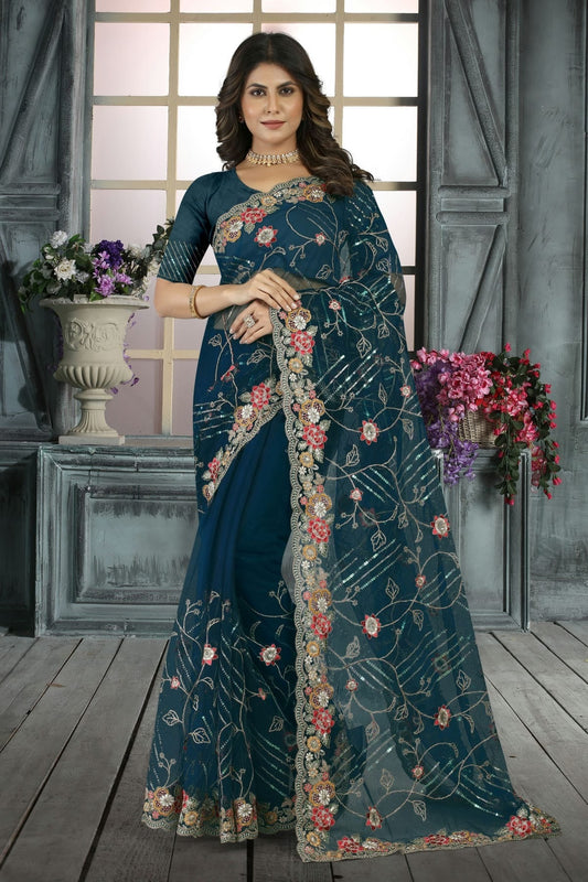 Teal Colour Net Designer Saree LC1121409