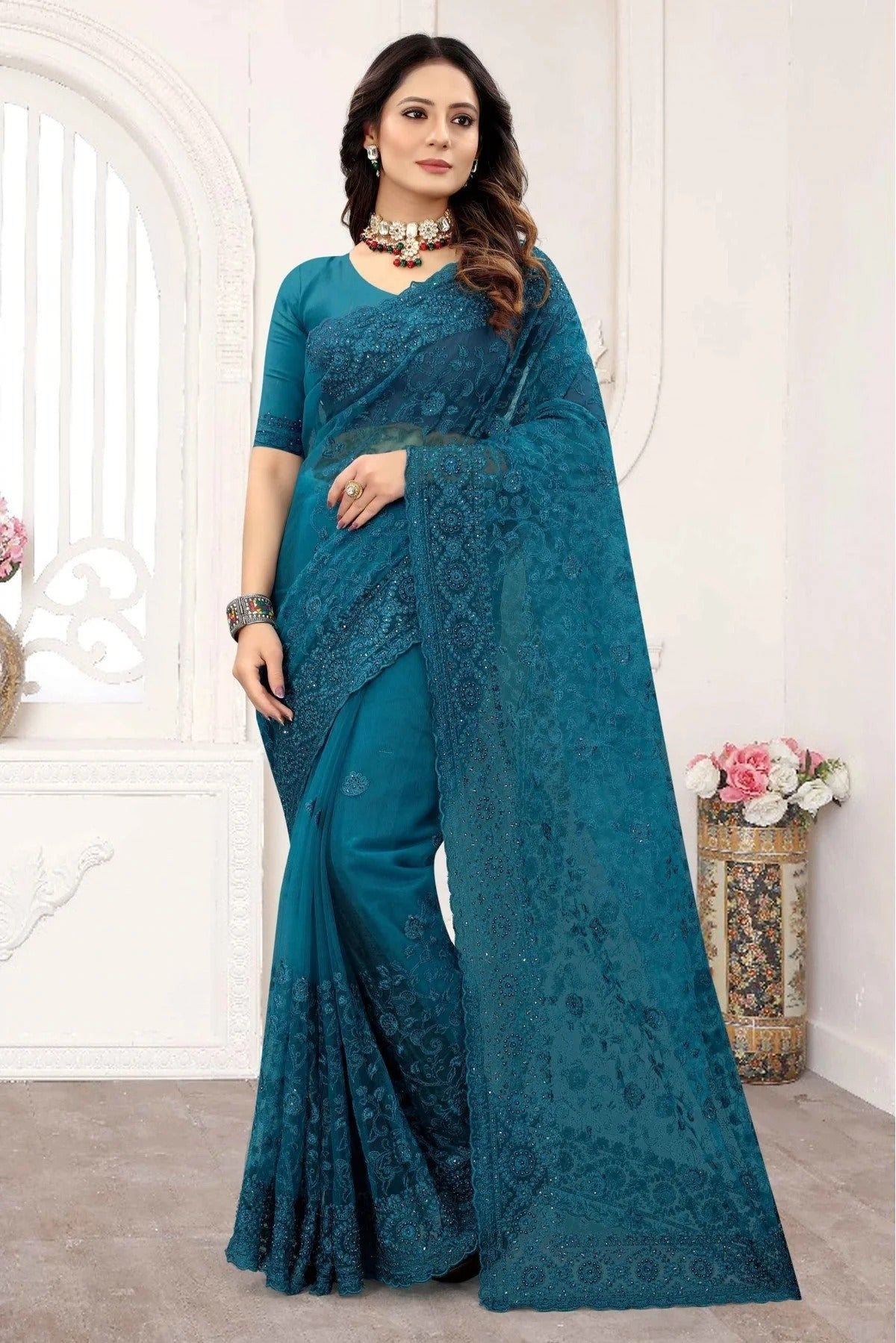 Teal Colour Net Designer Saree SD1090242