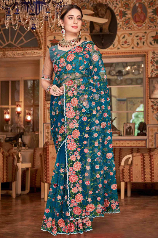 Teal Colour Net Designer Saree SD1090528