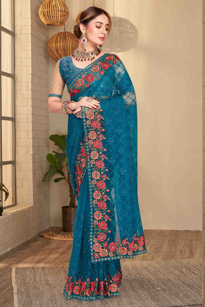 Teal Colour Net Designer Saree SD1090587