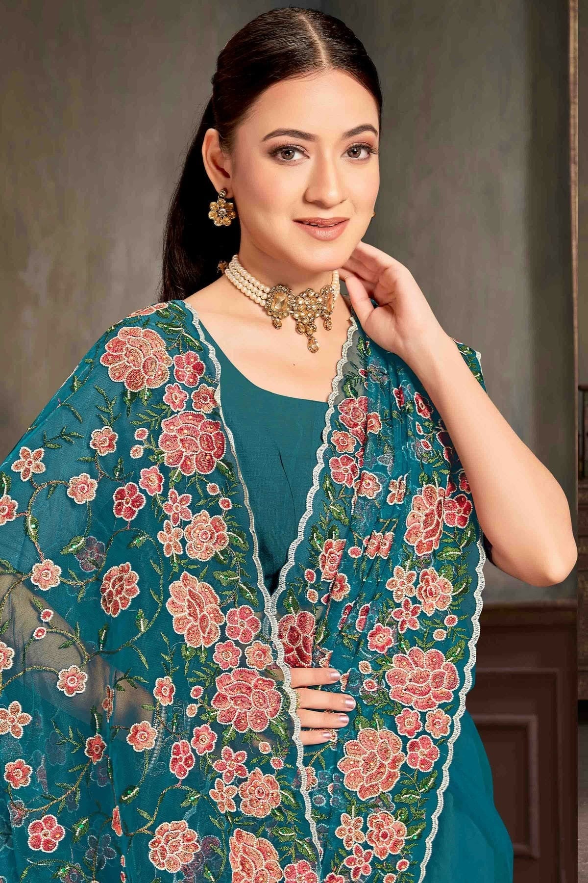 Teal Colour Net Embroidery Work Designer Saree SD1091234 A