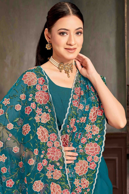 Teal Colour Net Embroidery Work Designer Saree SD1091234 A