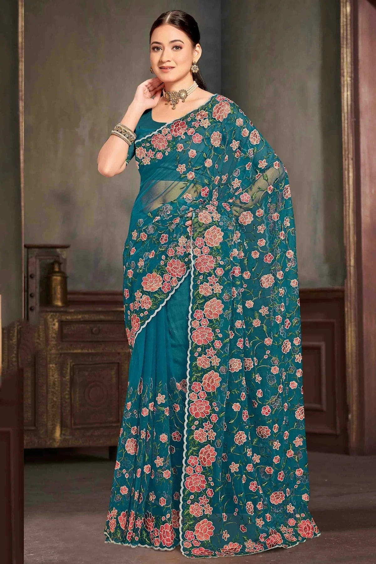Teal Colour Net Embroidery Work Designer Saree SD1091234
