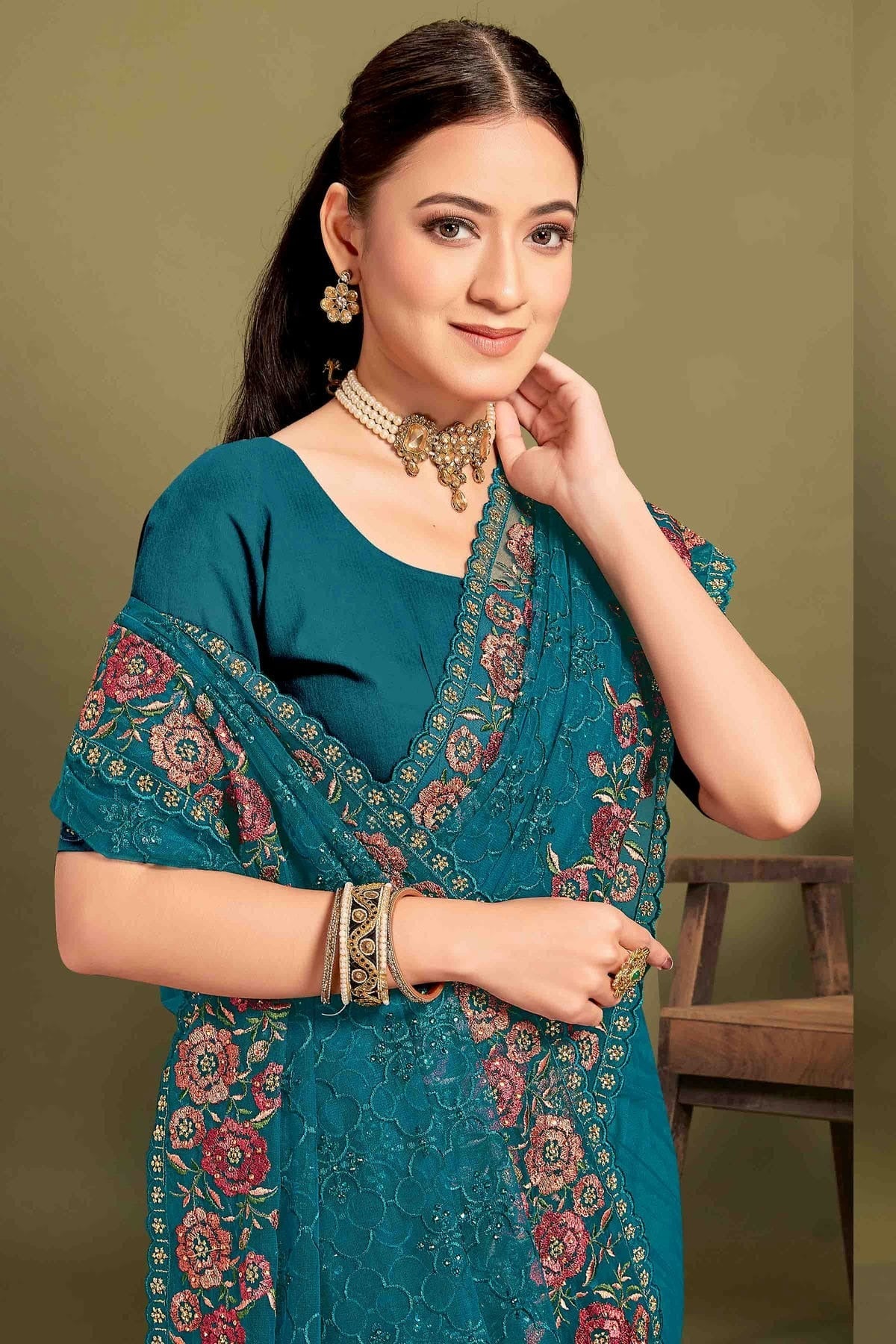 Teal Colour Net Embroidery Work Designer Saree SD1091239 A