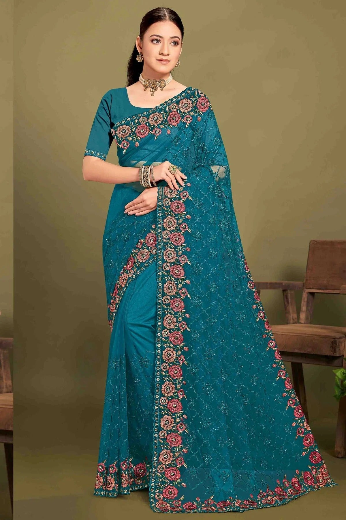 Teal Colour Net Embroidery Work Designer Saree SD1091239