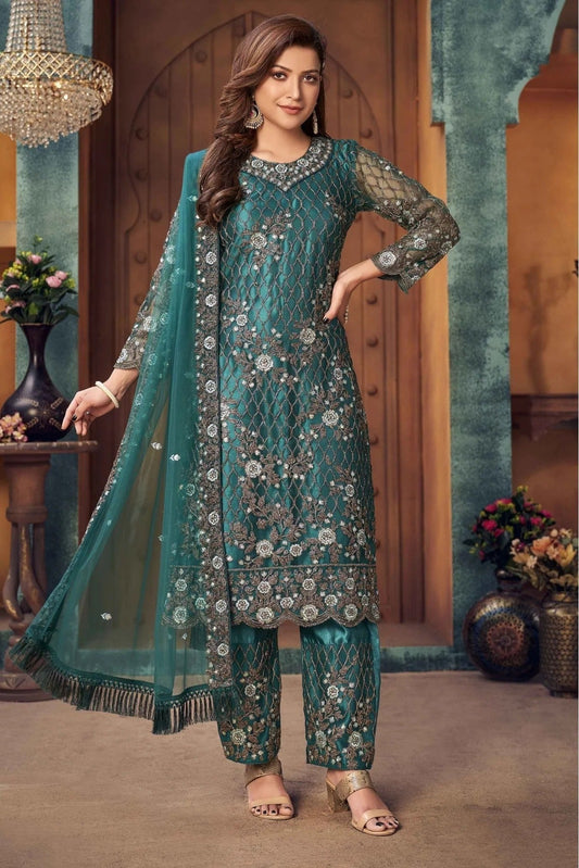 Teal Colour Net Pant Style Suit SM1050144