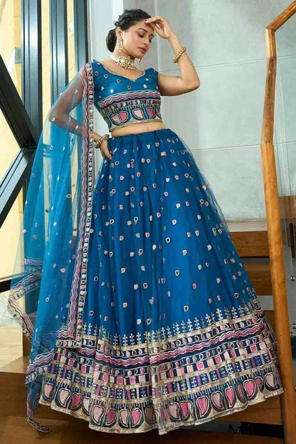 Teal Colour Net Semi Stitched Lehenga Choli LC1170093