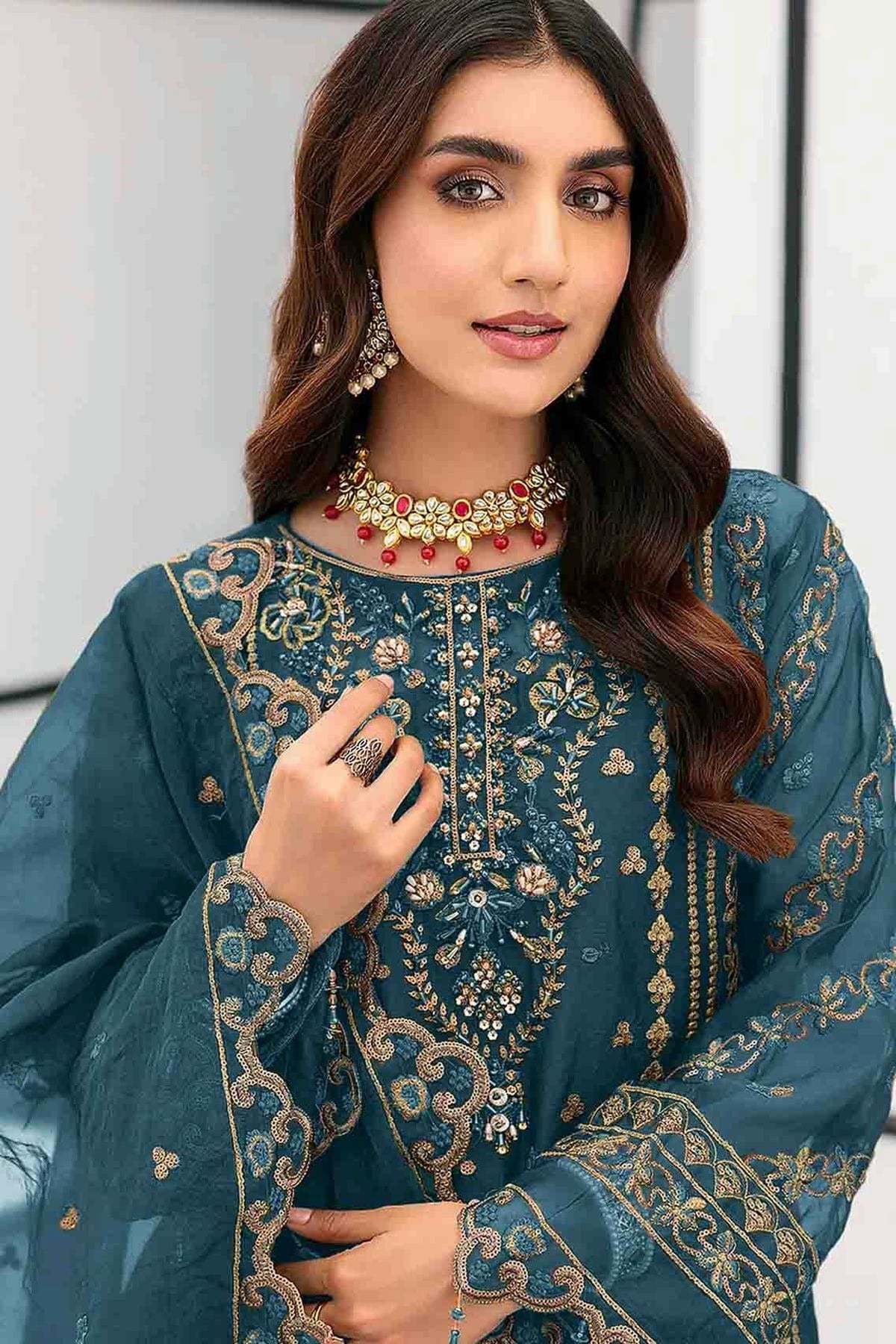 Teal Colour Organza Pakistani Suit SM1140853 A