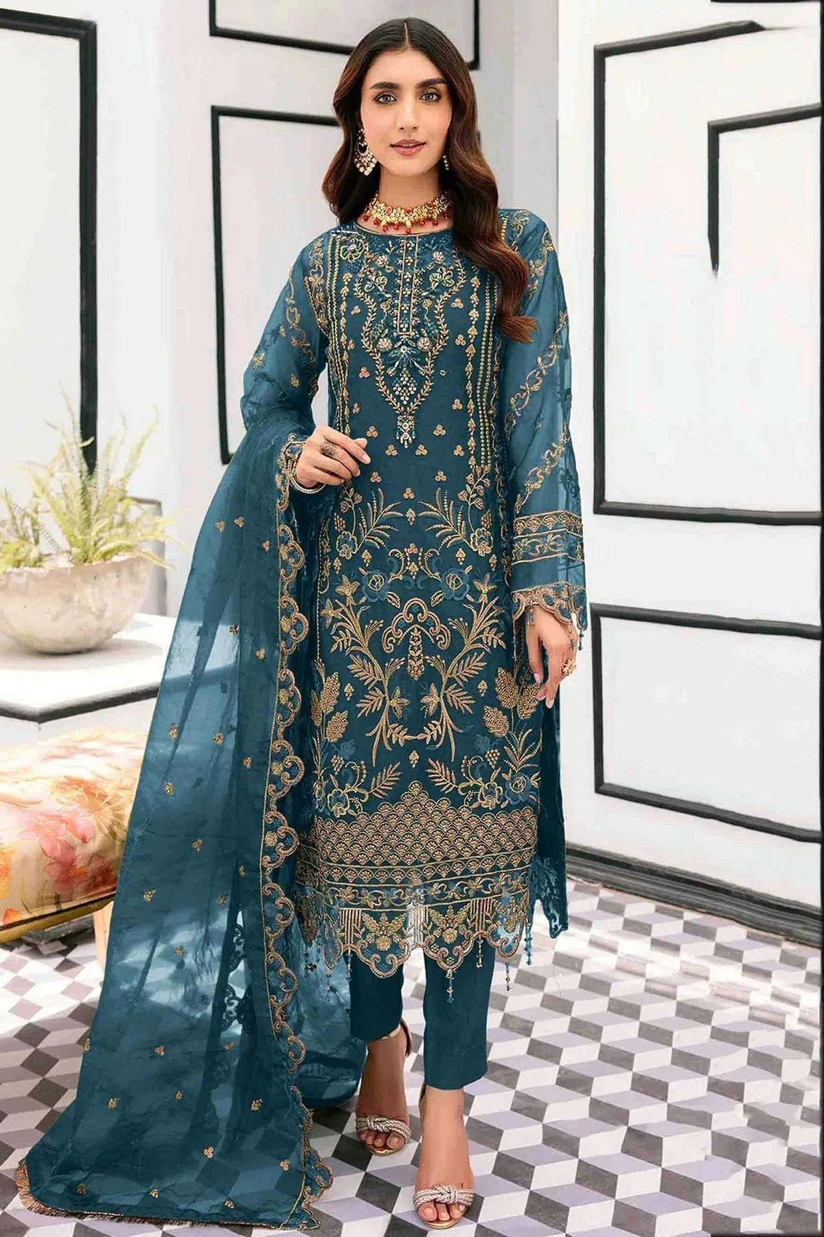 Teal Colour Organza Pakistani Suit SM1140853