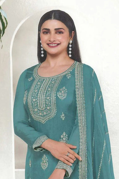 Teal Colour Organza Silk Pant Style Suit SM1140093 A