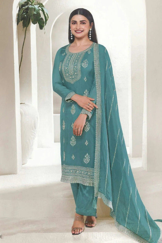 Teal Colour Organza Silk Pant Style Suit SM1140093