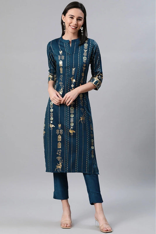 Teal Colour Plus Size Rayon Foil Print Kurti With Pant Set KR1060070