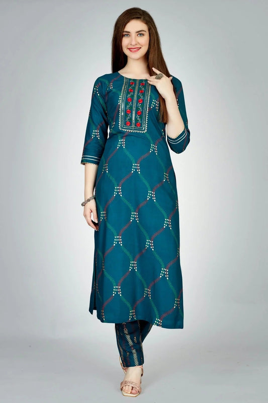 Teal Colour Rayon Kurta And Pant Set KR1111313