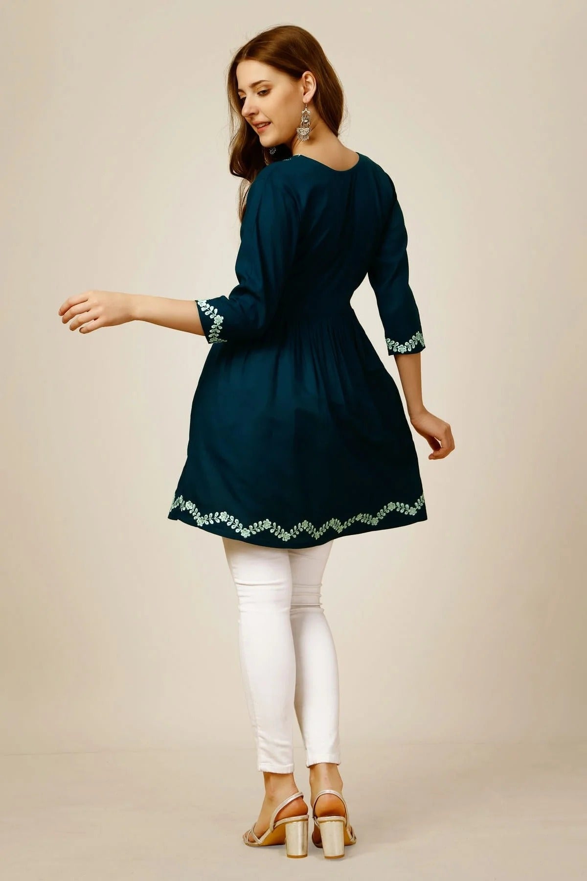 Teal Colour Rayon Thread Work_Sequins Work_Embroidery Work Readymade Top TP1110802 A