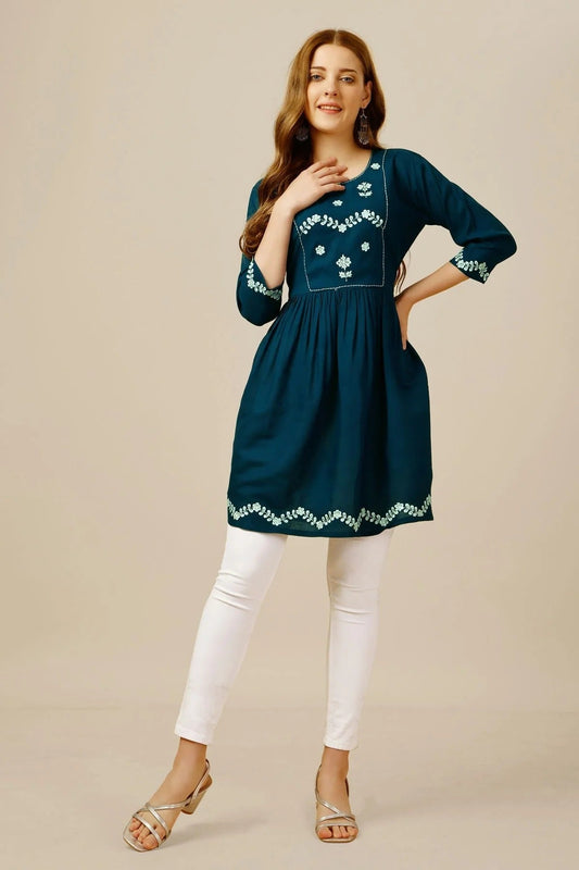 Teal Colour Rayon Thread Work_Sequins Work_Embroidery Work Readymade Top TP1110802