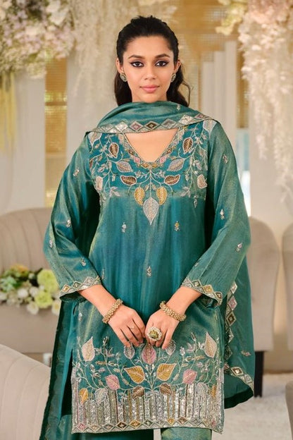 Teal Colour Roman Silk Embroidery Work Palazzo Pant Suit