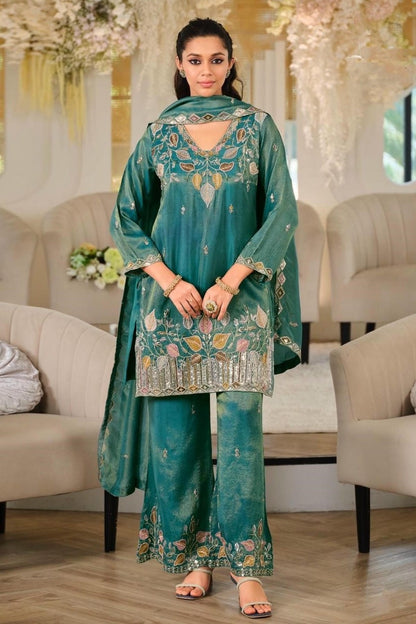 Teal Colour Roman Silk Embroidery Work Palazzo Pant Suit