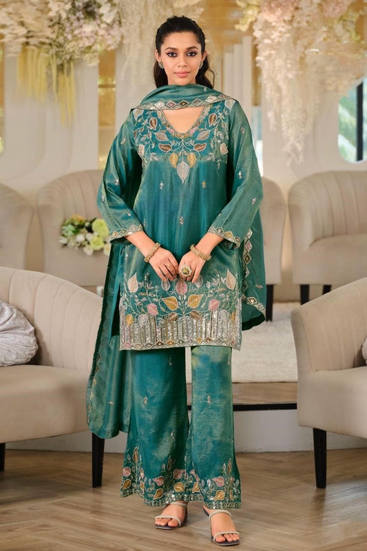 Teal Colour Roman Silk Embroidery Work Palazzo Pant Suit