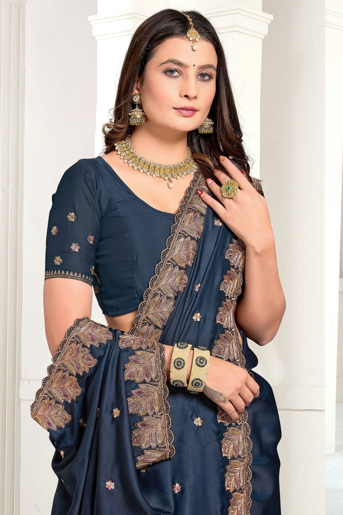 Teal Colour Satin Designer Saree SD1121892 A