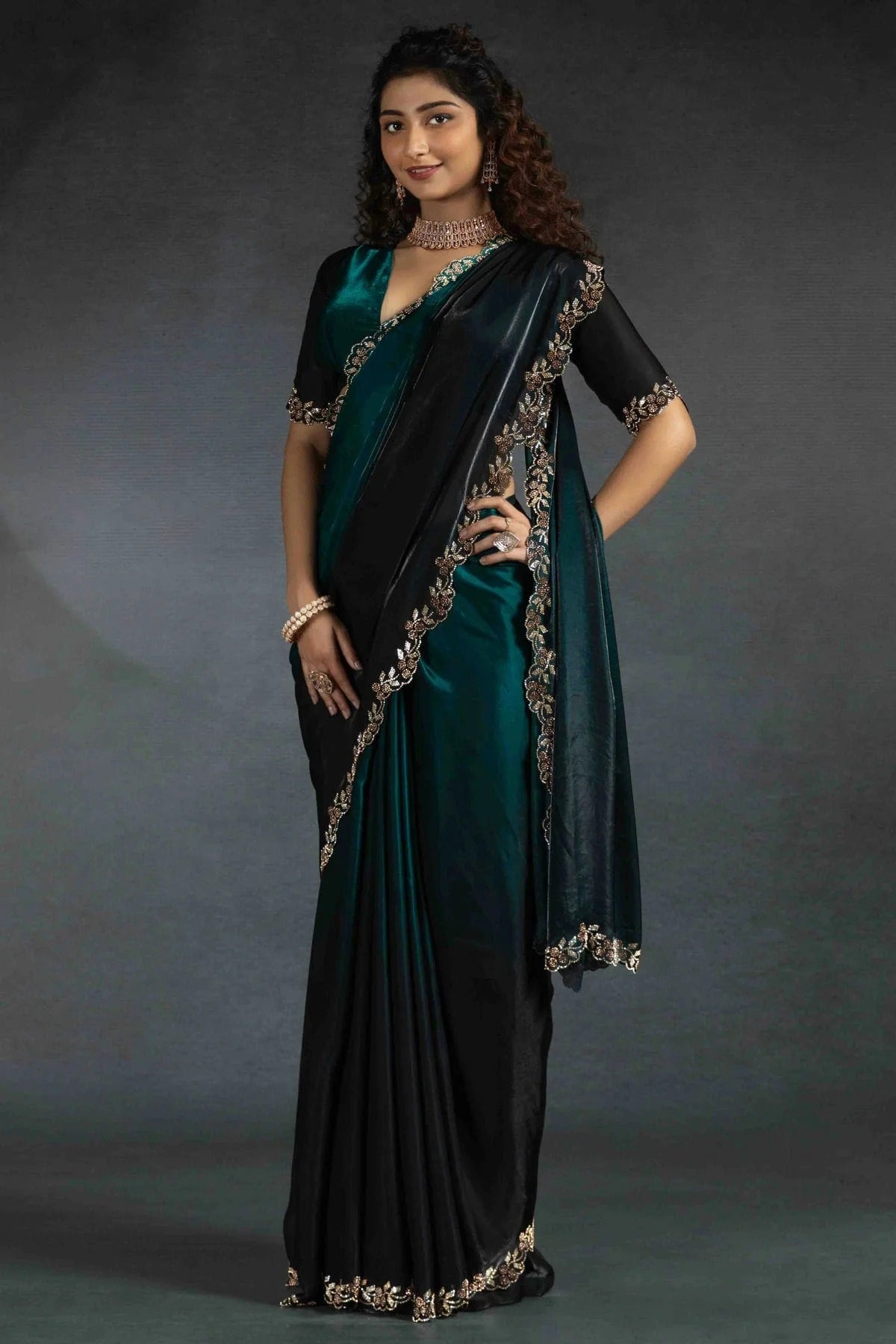 Teal Colour Satin Silk Designer Saree SD1122000 A
