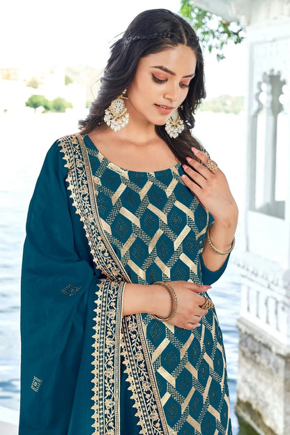 Teal Colour Semi Stitched Blooming Vichitra Pant Style Suit SM1140162 A
