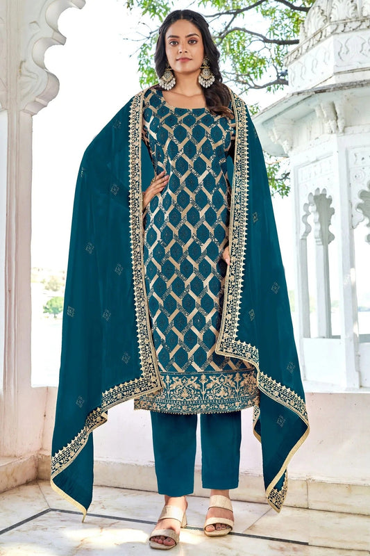 Teal Colour Semi Stitched Blooming Vichitra Pant Style Suit SM1140162