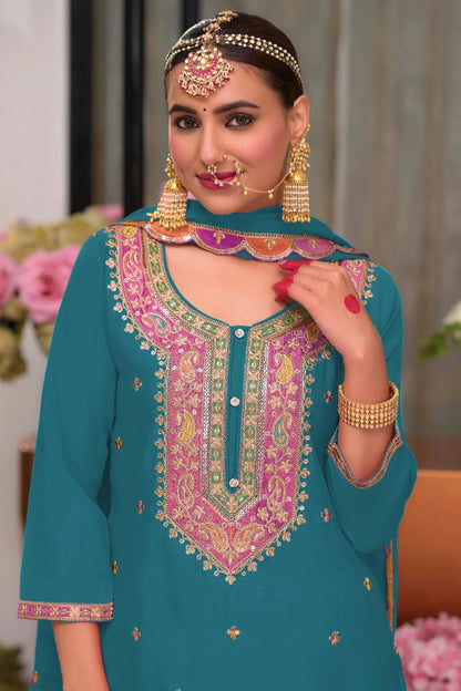 Teal Colour Semi Stitched Chinon Palazzo Pant Suit SM1112788 A