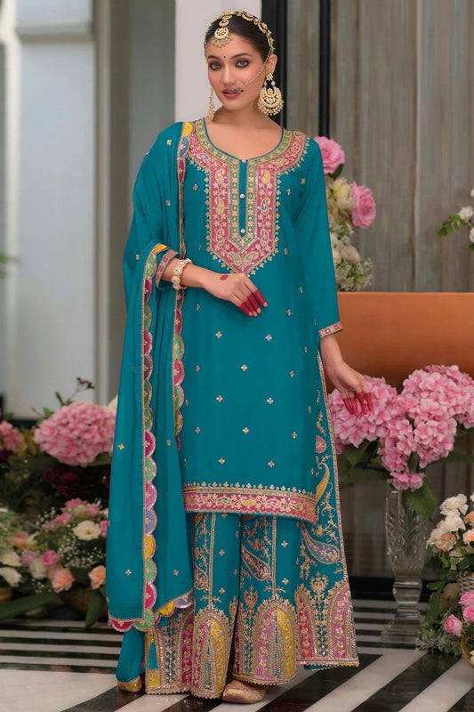 Teal Colour Semi Stitched Chinon Palazzo Pant Suit SM1112788