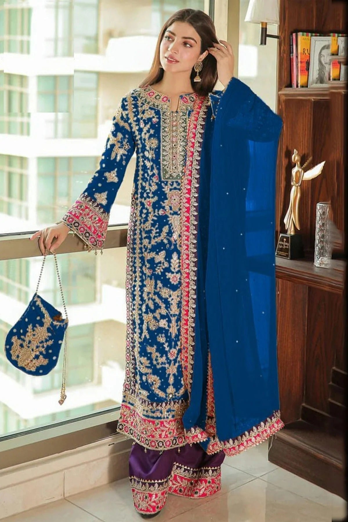 Teal Colour Semi Stitched Chinon Silk Pakistani Suit SM1140281
