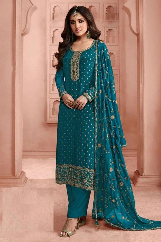 Teal Colour Semi Stitched Dola Jacquard Silk Pant Style Suit SM1140519