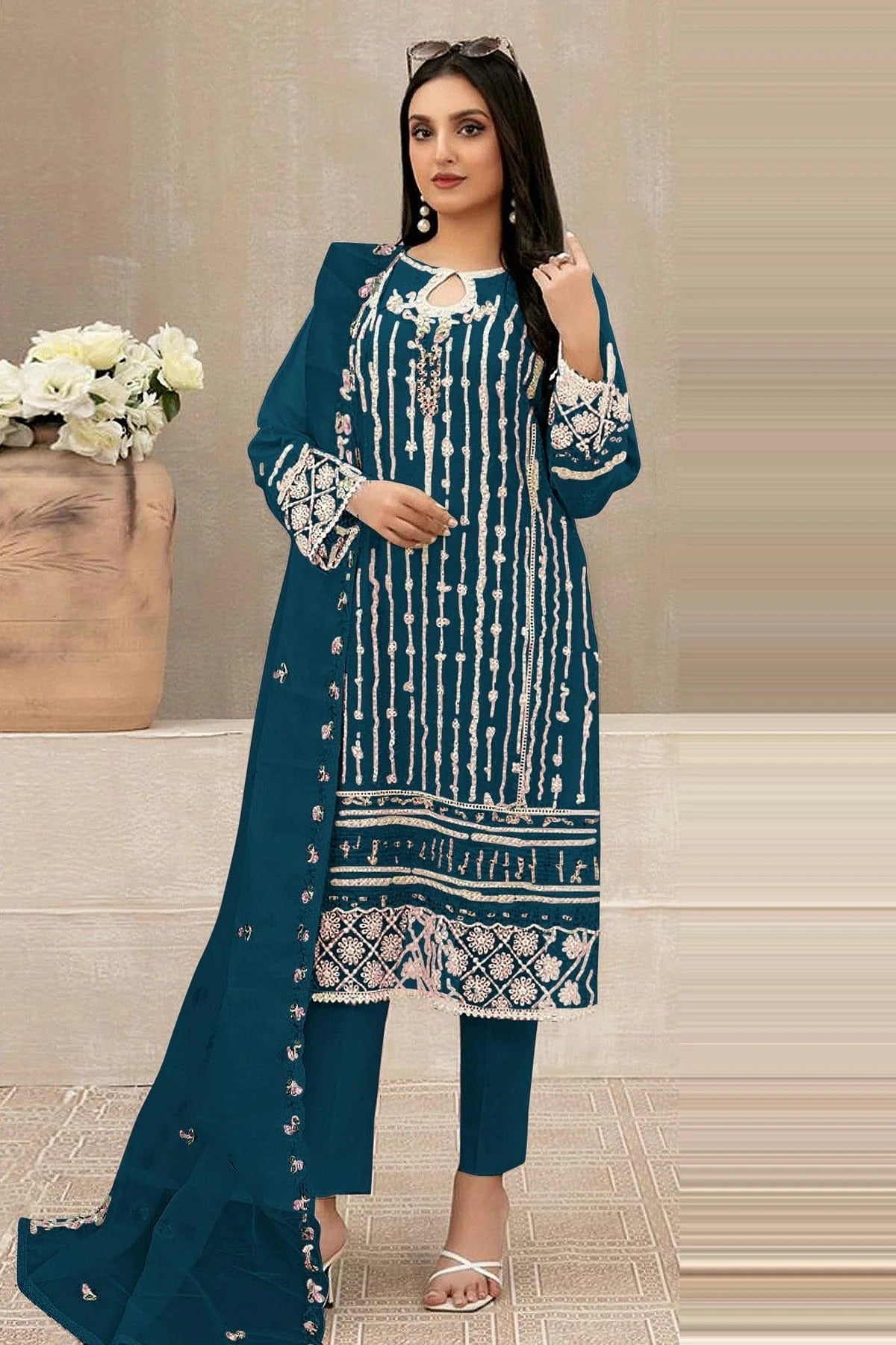 Teal Colour Semi Stitched Faux Georgette Pakistani Suit SM1140240