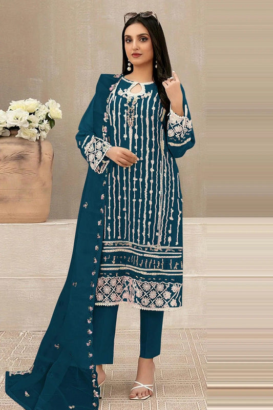 Teal Colour Semi Stitched Faux Georgette Pakistani Suit SM1140240