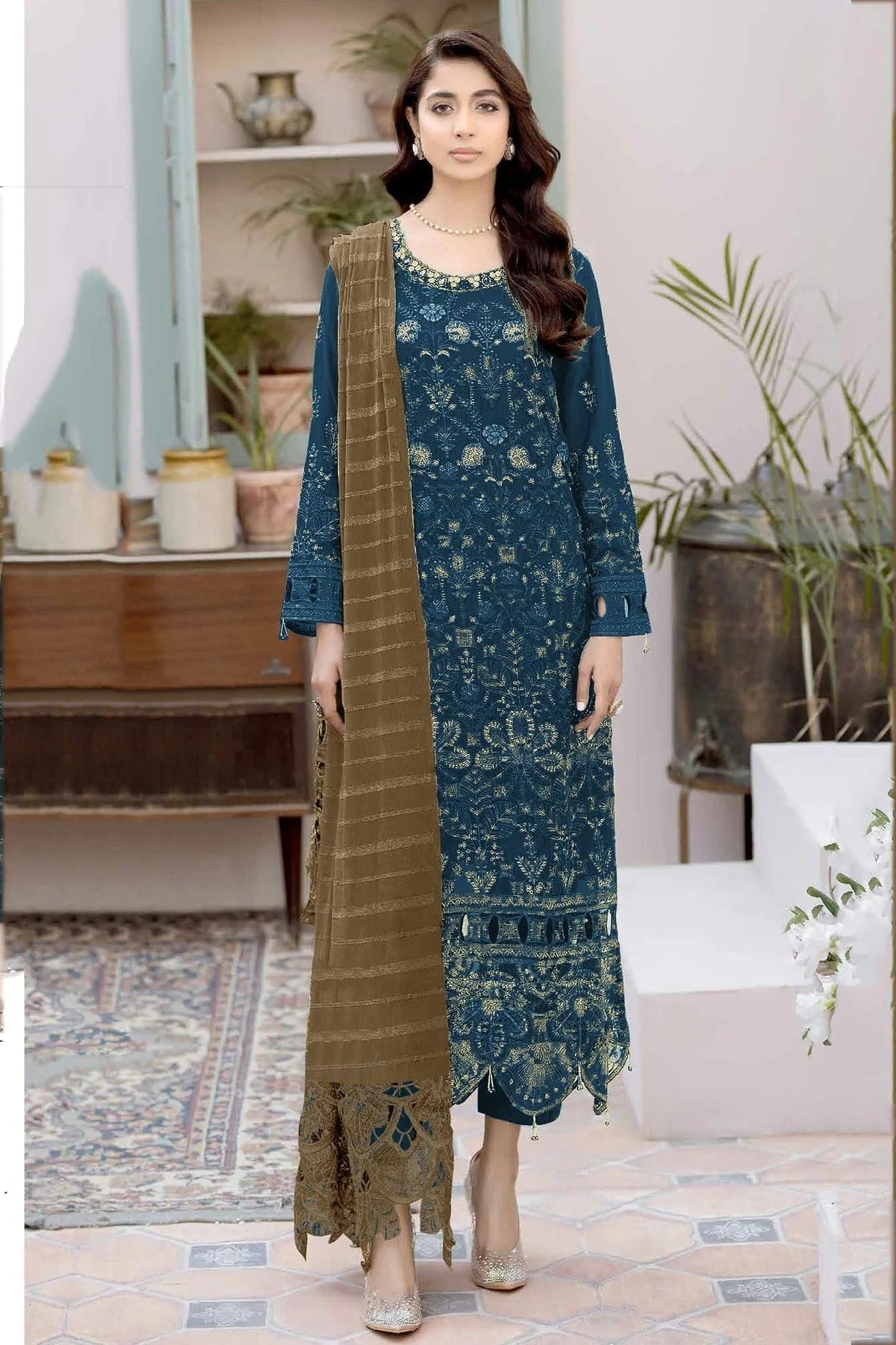 Teal Colour Semi Stitched Faux Georgette Pakistani Suit SM1140311