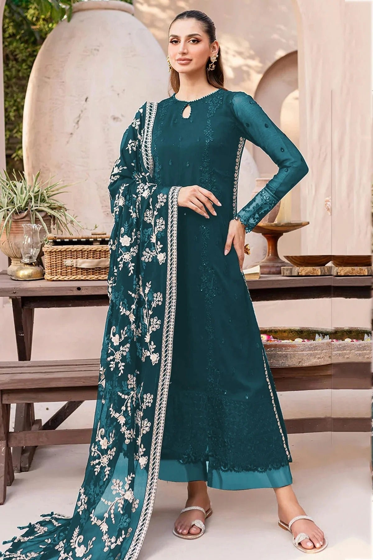 Teal Colour Semi Stitched Faux Georgette Pakistani Suit SM1140713