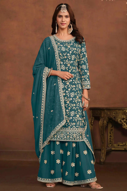 Teal Colour Semi Stitched Faux Georgette Sharara Suit SM1050467