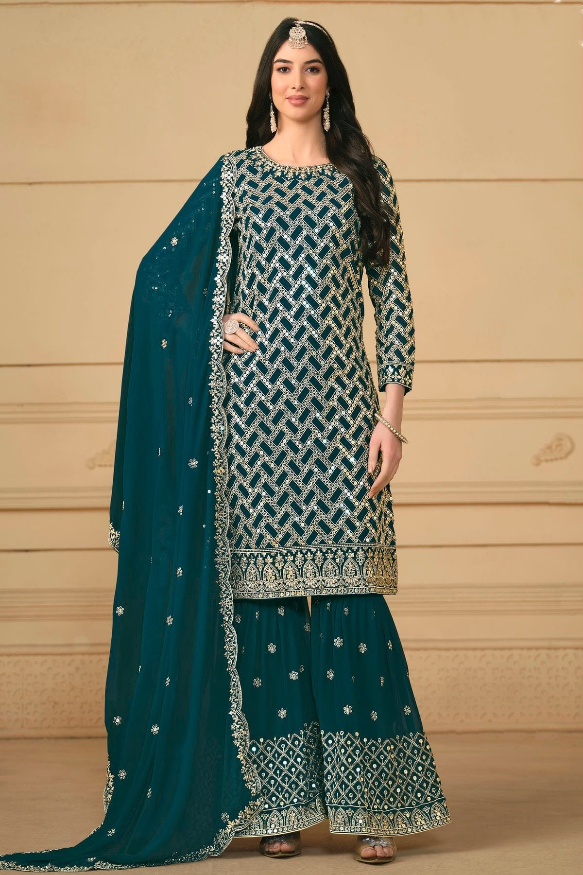 Teal Colour Semi Stitched Faux Georgette Sharara Suit SM1050475
