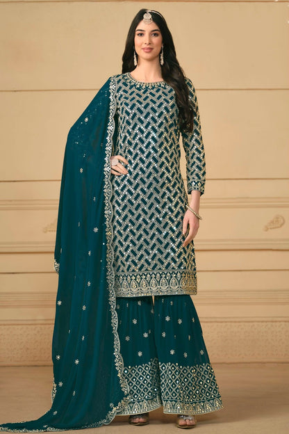 Teal Colour Semi Stitched Faux Georgette Sharara Suit SM1050475