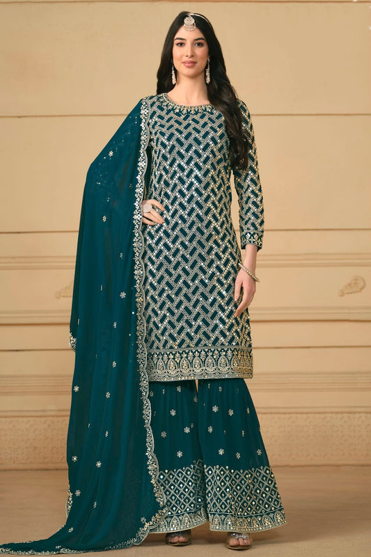 Teal Colour Semi Stitched Faux Georgette Sharara Suit SM1050475