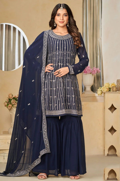 Teal Colour Semi Stitched Faux Georgette Sharara Suit SM1050483