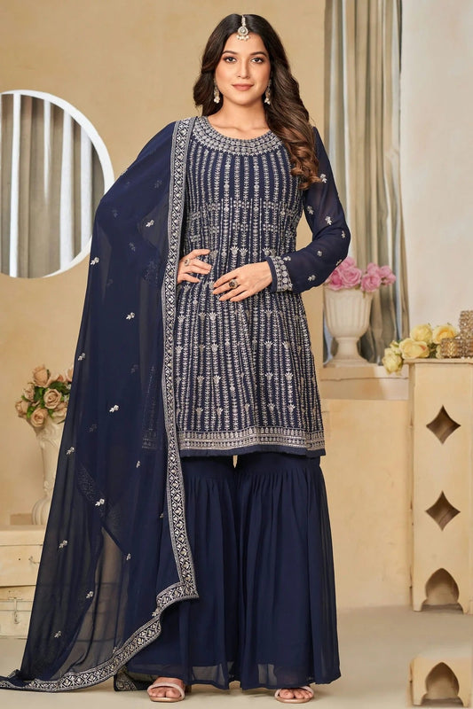 Teal Colour Semi Stitched Faux Georgette Sharara Suit SM1050483