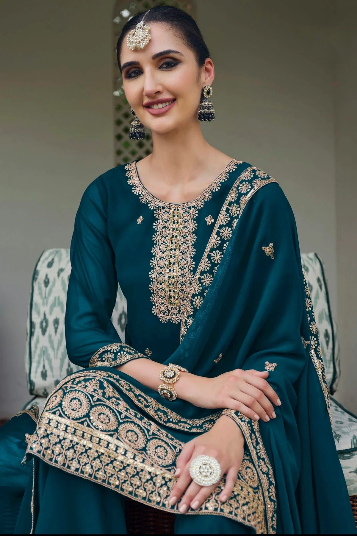 Teal Colour Semi Stitched Georgette Palazzo Pant Suit SM1140301 A