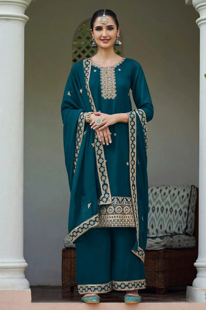 Teal Colour Semi Stitched Georgette Palazzo Pant Suit SM1140301