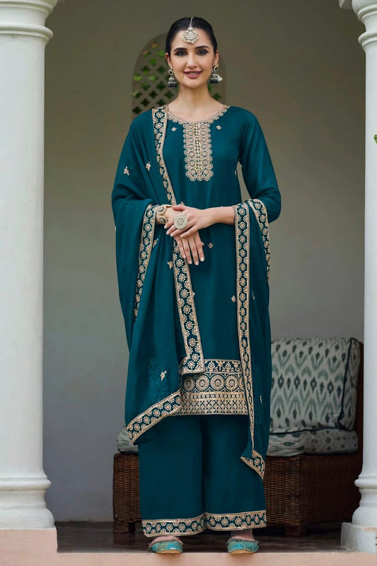 Teal Colour Semi Stitched Georgette Palazzo Pant Suit SM1140301