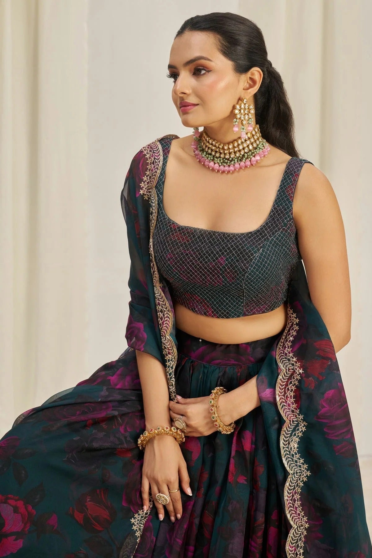 Teal Colour Semi Stitched Organza Lehenga Choli LC1080897 B