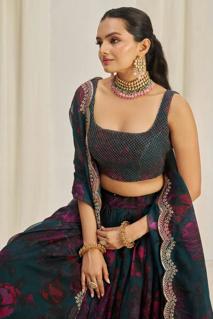 Teal Colour Semi Stitched Organza Lehenga Choli LC1080897 B