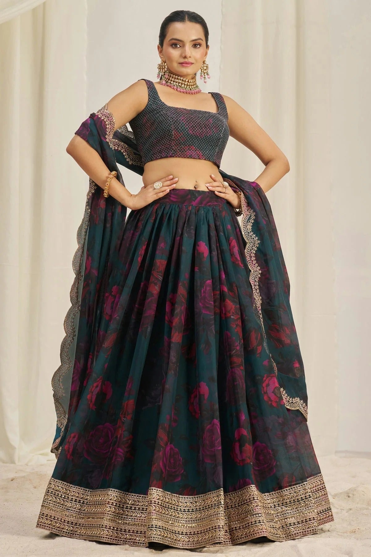 Teal Colour Semi Stitched Organza Lehenga Choli LC1080897
