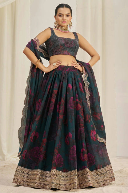 Teal Colour Semi Stitched Organza Lehenga Choli LC1080897