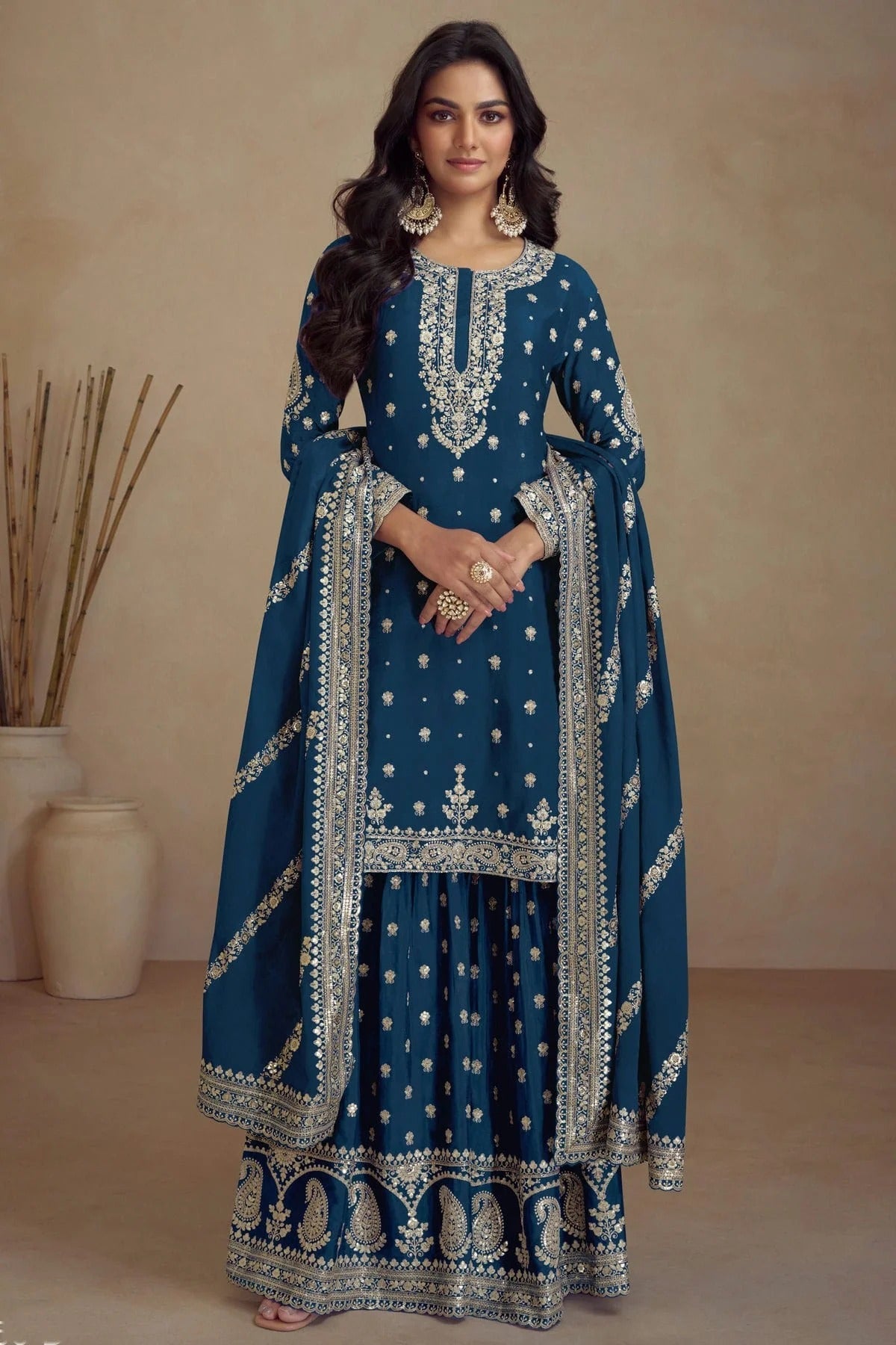 Teal Colour Semi Stitched Silk Palazzo Pant Suit SM1140361
